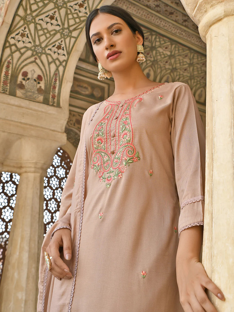 Beige Poly Silk Floral Embroidered Kurta Palazzo Set with Dupatta
