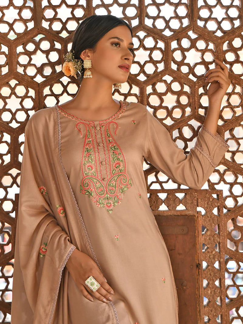 Beige Poly Silk Floral Embroidered Kurta Palazzo Set with Dupatta