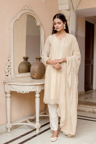 White Raw Silk Embroidered Suit Set with Organza Dupatta
