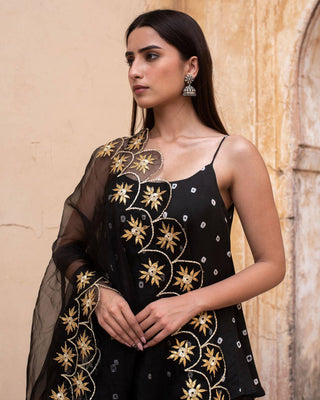 Black Cotton Printed Sleeveless Sharara Suit Set with Organza Dupatta - Ria Fashions