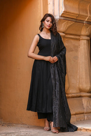 Cotton Rayon Black Solid Anarkali Set - Ria Fashions