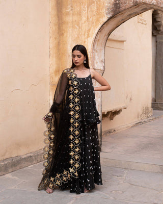 Black Cotton Printed Sleeveless Sharara Suit Set with Organza Dupatta - Ria Fashions