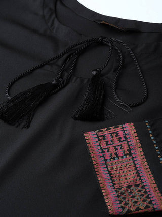 Black Straight Cut Kurta Pant Set in Crepe - Ria Fashions