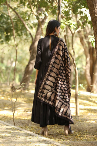 Solid Black Mul Mul Anarkali Suit Set with Block Print Dupatta - Ria Fashions