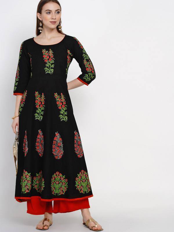 Black Flower Print Anarkali Style Kurta - Ria Fashions