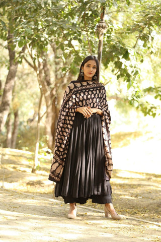 Solid Black Mul Mul Anarkali Suit Set with Block Print Dupatta - Ria Fashions