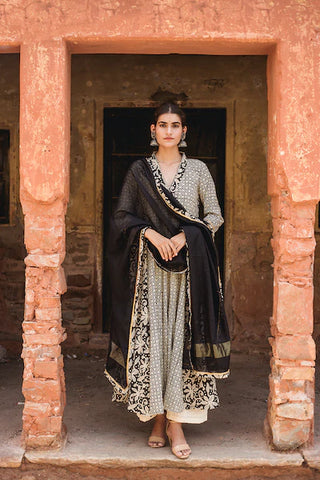 Cotton Black Printed Anarkali Suit Set with Doriya Dupatta