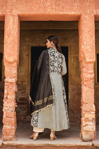 Cotton Black Printed Anarkali Suit Set with Doriya Dupatta