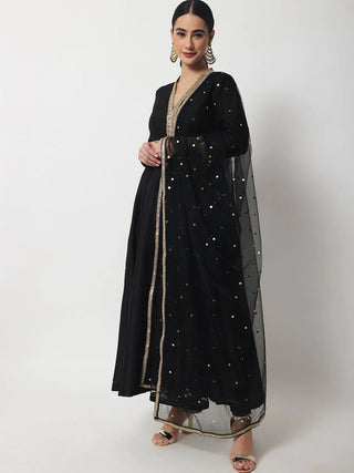 Black Silk Designer Anarkali Suit Set with Net Dupatta