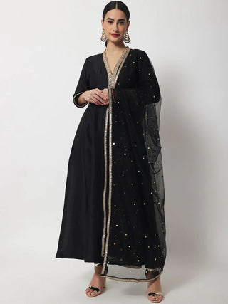 Black Silk Designer Anarkali Suit Set with Net Dupatta
