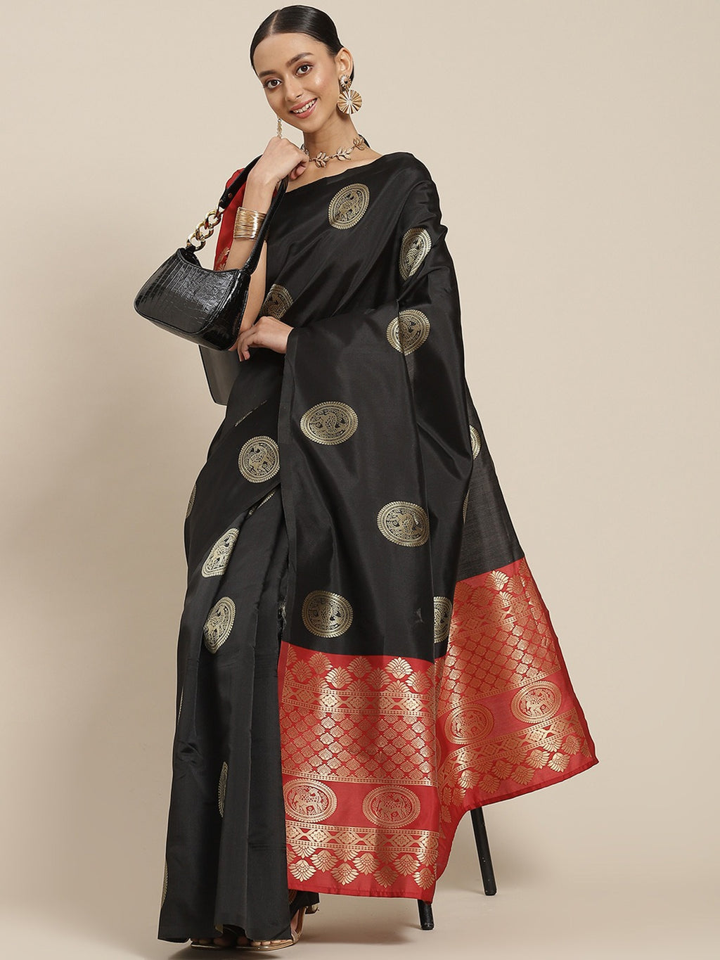 Black and Red Silk Blend Ethnic Motif Woven Design Banarasi Saree