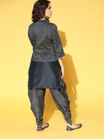 Chinon Navy Blue Foil Print Kurta Dhoti Set with Jacket - Ria Fashions