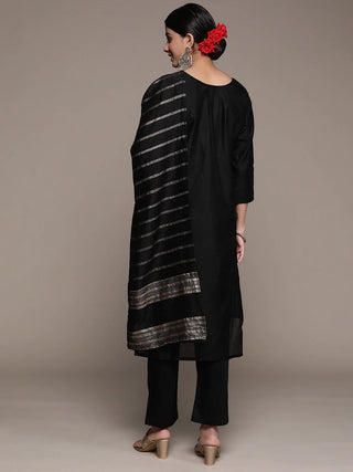Black Cotton Sequin Embellished Suit Set with Dupatta