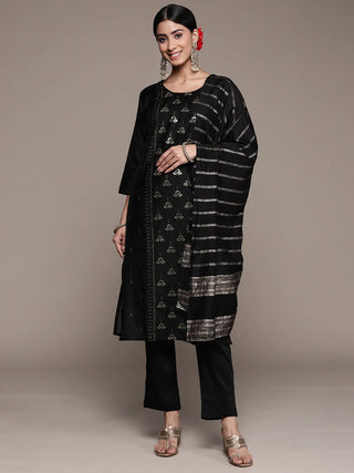 Black Cotton Sequin Embellished Suit Set with Dupatta