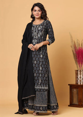 Cotton Black Print & Embroidered Sharara Set with Dupatta