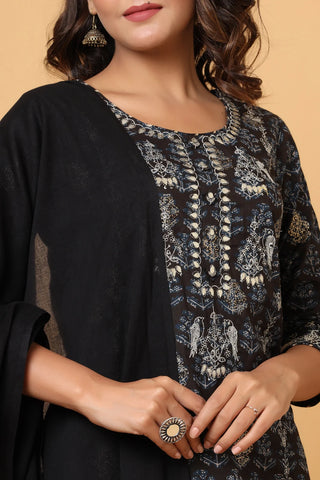 Cotton Black Print & Embroidered Sharara Set with Dupatta