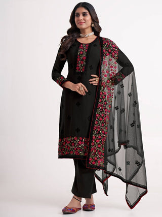 Black Georgette Multi Color Thread Embroidered Suit Set with Net Dupatta