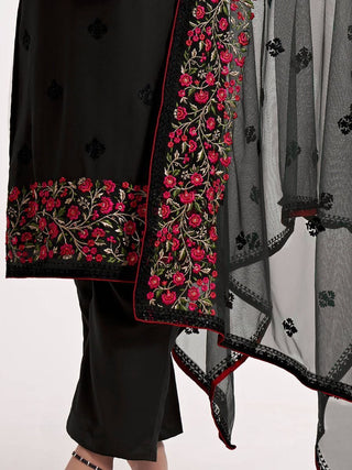 Black Georgette Multi Color Thread Embroidered Suit Set with Net Dupatta