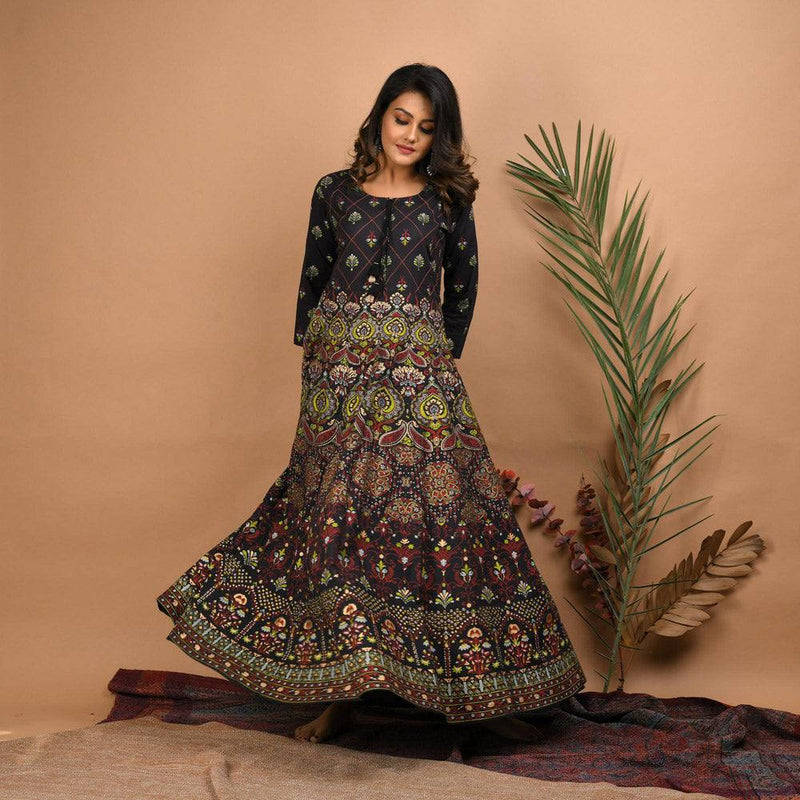 Cotton Black Anarkali Style Printed Gown - Ria Fashions