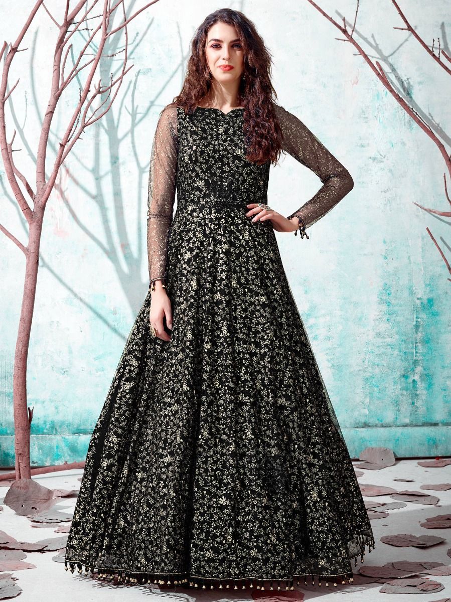 Black Silk Crepe Embellished with Metallic Foil work Anarkali Gown Black Silk Crepe Embellished with Metallic Foil work Anarkali Gown