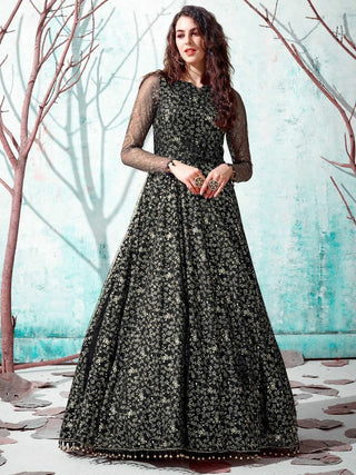 Black Silk Crepe Embellished with Metallic Foil work Anarkali Gown