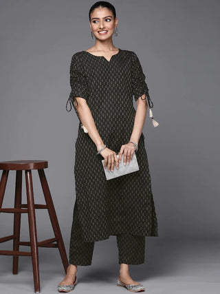 Black Cotton Blend Woven Design Kurta Trouser Set