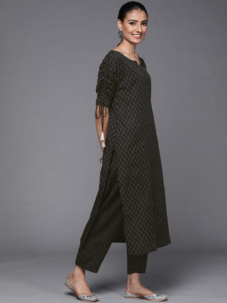 Black Cotton Blend Woven Design Kurta Trouser Set