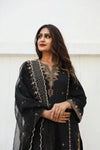 Cotton Black Embroidered Suit Set with Organza Dupatta