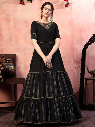 Black Silk Sequin Embellished Embroidered Anarkali Gown with Sanoon Inner