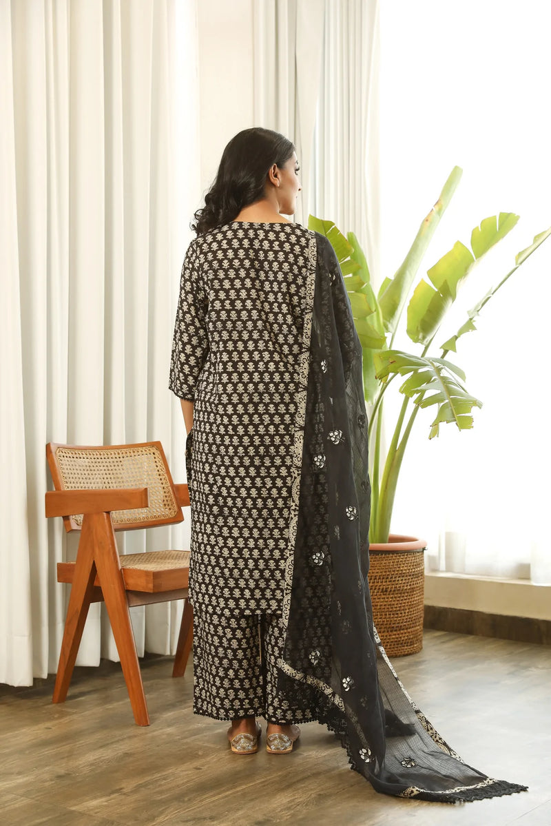 Cotton Black Block Print Suit Set with Cotton Doriya Dupatta with Motif Detailing