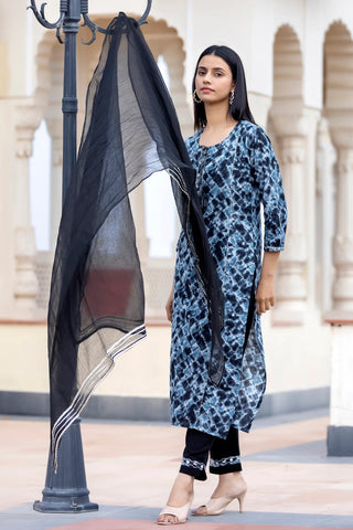 Cotton Blue & Black Tie Dye Suit Set with Dupatta