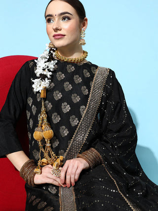 Black Chanderi Silk Woven Design Sharara Set with Dupatta