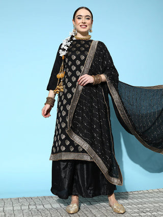Black Chanderi Silk Woven Design Sharara Set with Dupatta