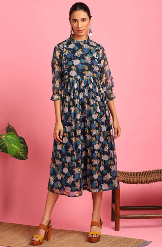 Navy Blue Poly Georgette Floral Print Dress - Ria Fashions