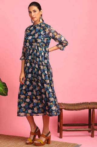 Navy Blue Poly Georgette Floral Print Dress - Ria Fashions