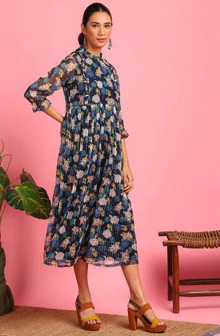 Navy Blue Poly Georgette Floral Print Dress - Ria Fashions