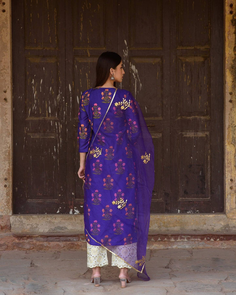 Purple Silk Printed Kurta Suit Set with Organza Dupatta - Ria Fashions