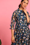 Navy Blue Poly Georgette Floral Print Dress - Ria Fashions