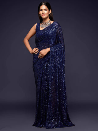 Blue Georgette Sequinned Saree with Unstitched Blouse - Ria Fashions