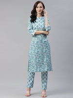 Sky Blue Printed Kurta Pant Set - Ria Fashions