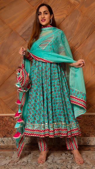 Cotton Green Printed Anarkali Suit Set with Organza Dupatta