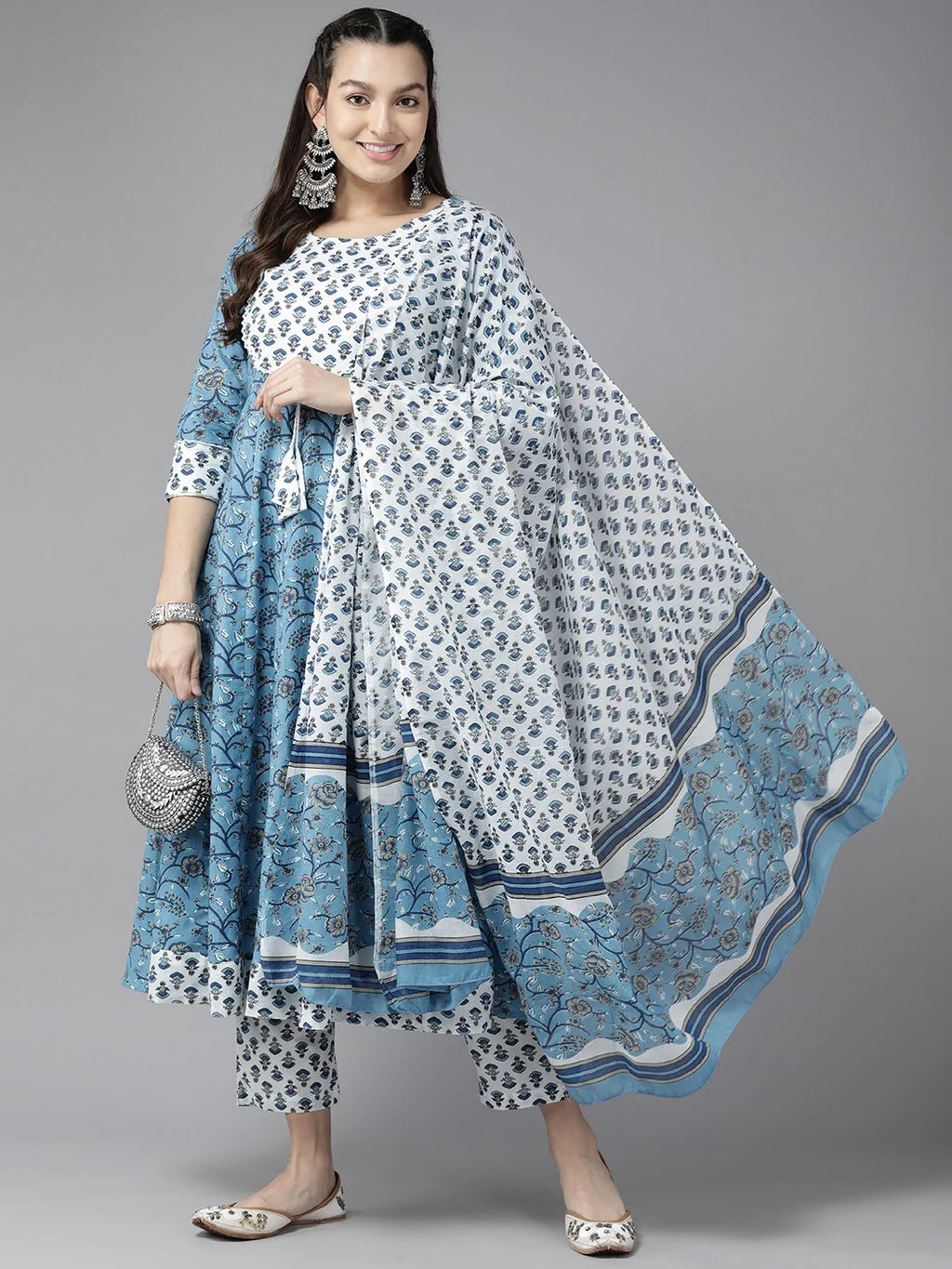 Blue & White Pure Cotton Printed Anarkali Suit Set with Voile Dupatta