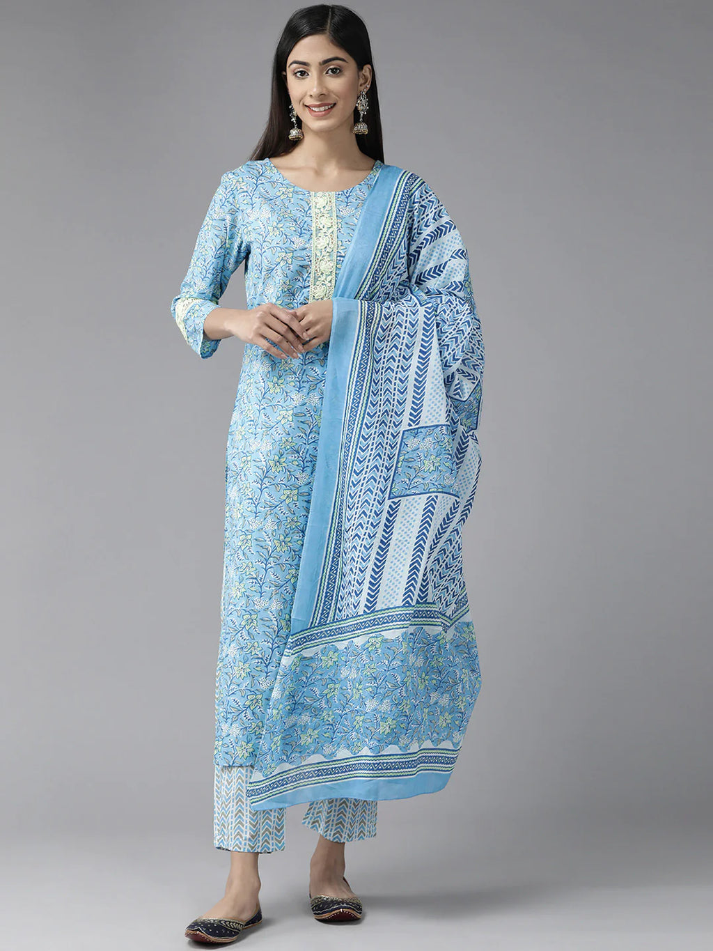 Blue & White Pure Cotton Printed Suit Set with Voile Dupatta