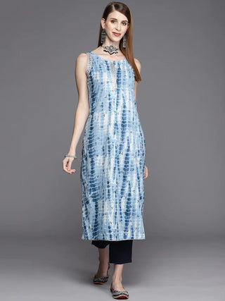 Blue & White Cotton Tie-Dye Sleeveless Kurta