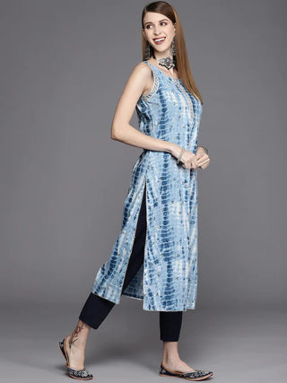 Blue & White Cotton Tie-Dye Sleeveless Kurta