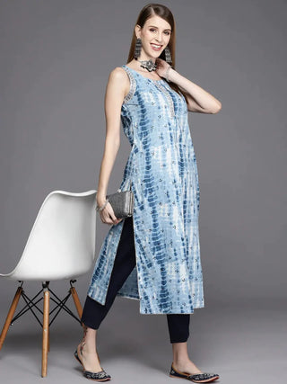 Blue & White Cotton Tie-Dye Sleeveless Kurta