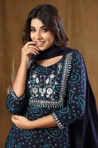 Cotton Blue Banhdani Printed Suit Set with Dupatta