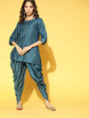 Chinon Teal Blue Foil Print Kurta Dhoti Set - Ria Fashions