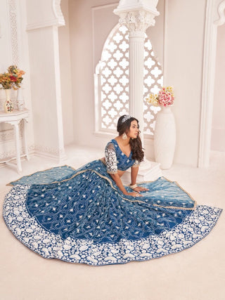 Blue Butterfly Net Cotton Thread Work, Zari Work & Sequins Embroidered Lehenga Choli Set with Dupatta