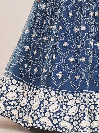 Blue Butterfly Net Cotton Thread Work, Zari Work & Sequins Embroidered Lehenga Choli Set with Dupatta